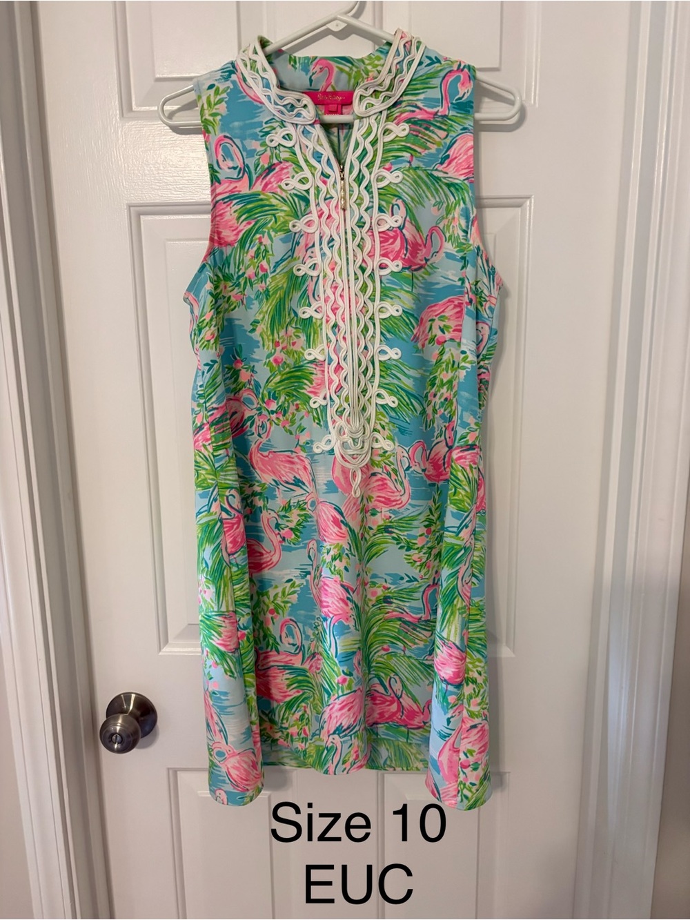 Lilly Pulitzer Pink Flamingo Shift Dress with Aqua Background